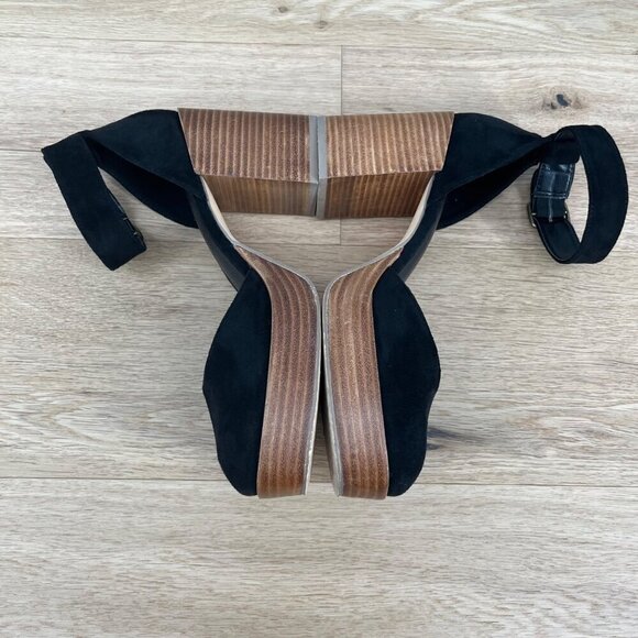 House of Harlow Tanner Platform Block Heels Size 9.5 Black Suede Wood Chunky EUC - Picture 2 of 14